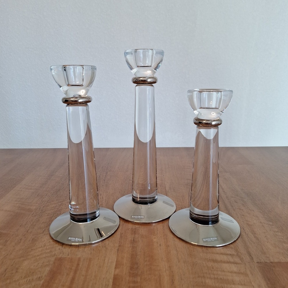 RARE, 3 Kosta Boda  Candlesticks SIGNED Ehrner 1990 Handpainted CRYSTAL SILVER